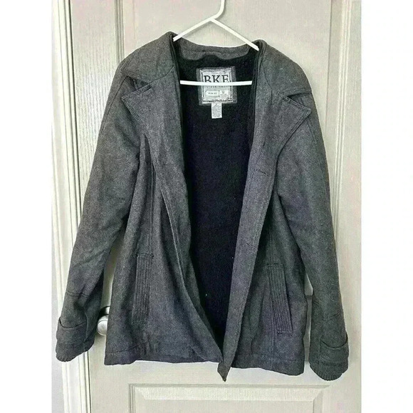 Men’s Wool Blend BKE Grey Pea Coat Slim Fit Medium W/Removable Hood. Heavy, Warm - Picture 11 of 16